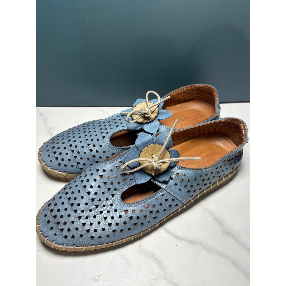 Spring Step Frieda Blue Leather Perforated Flower Loafers Flats Size 39